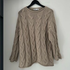 Zara Beige Cable Knit Crewneck Sweater